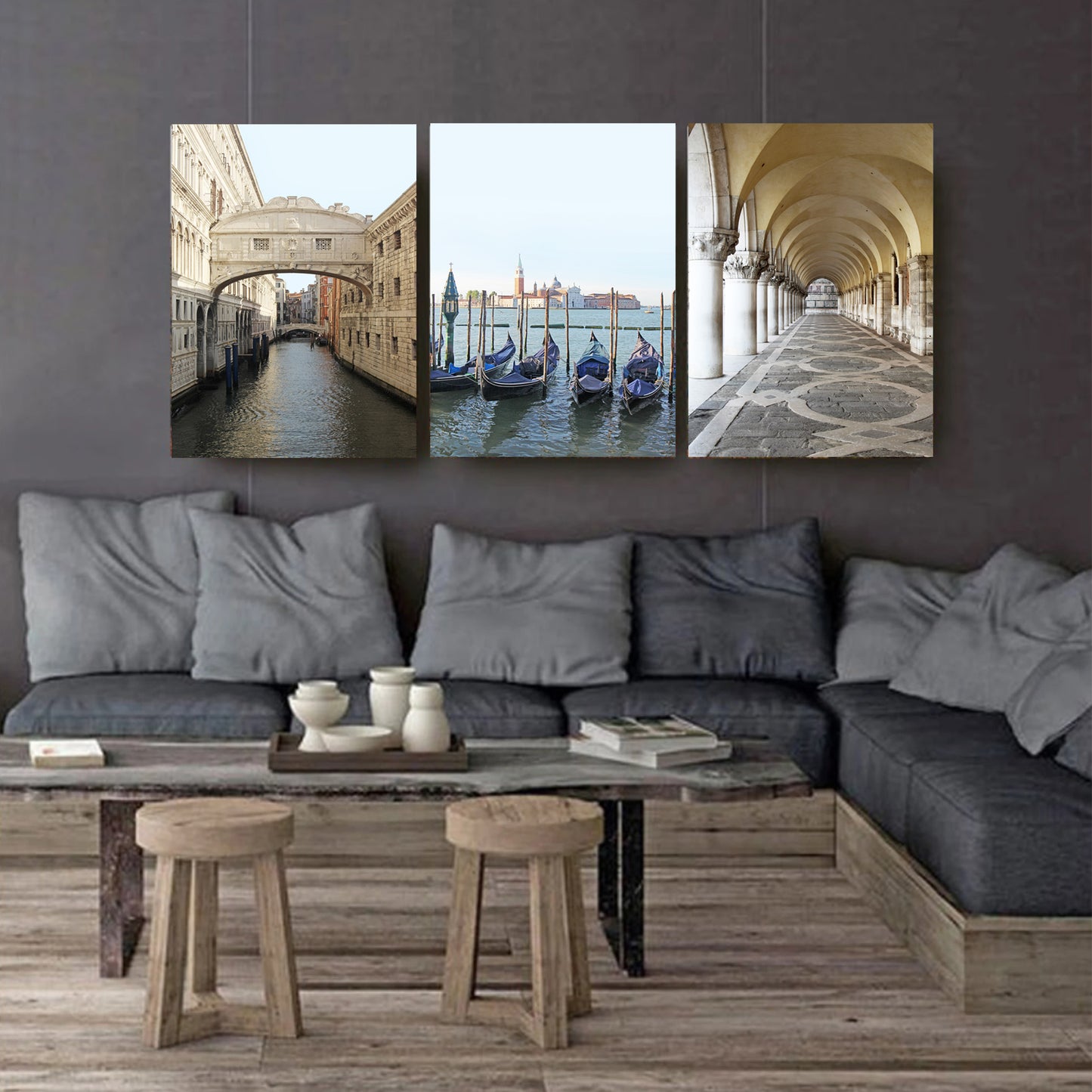 Venice triptych canvas wall art against a dark gray-black wall.