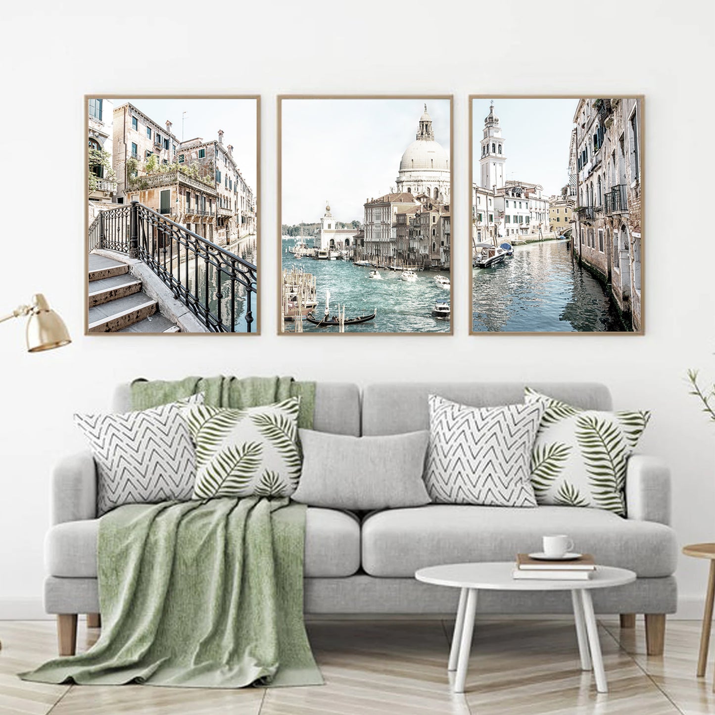 Venice triptych in wood color frames.