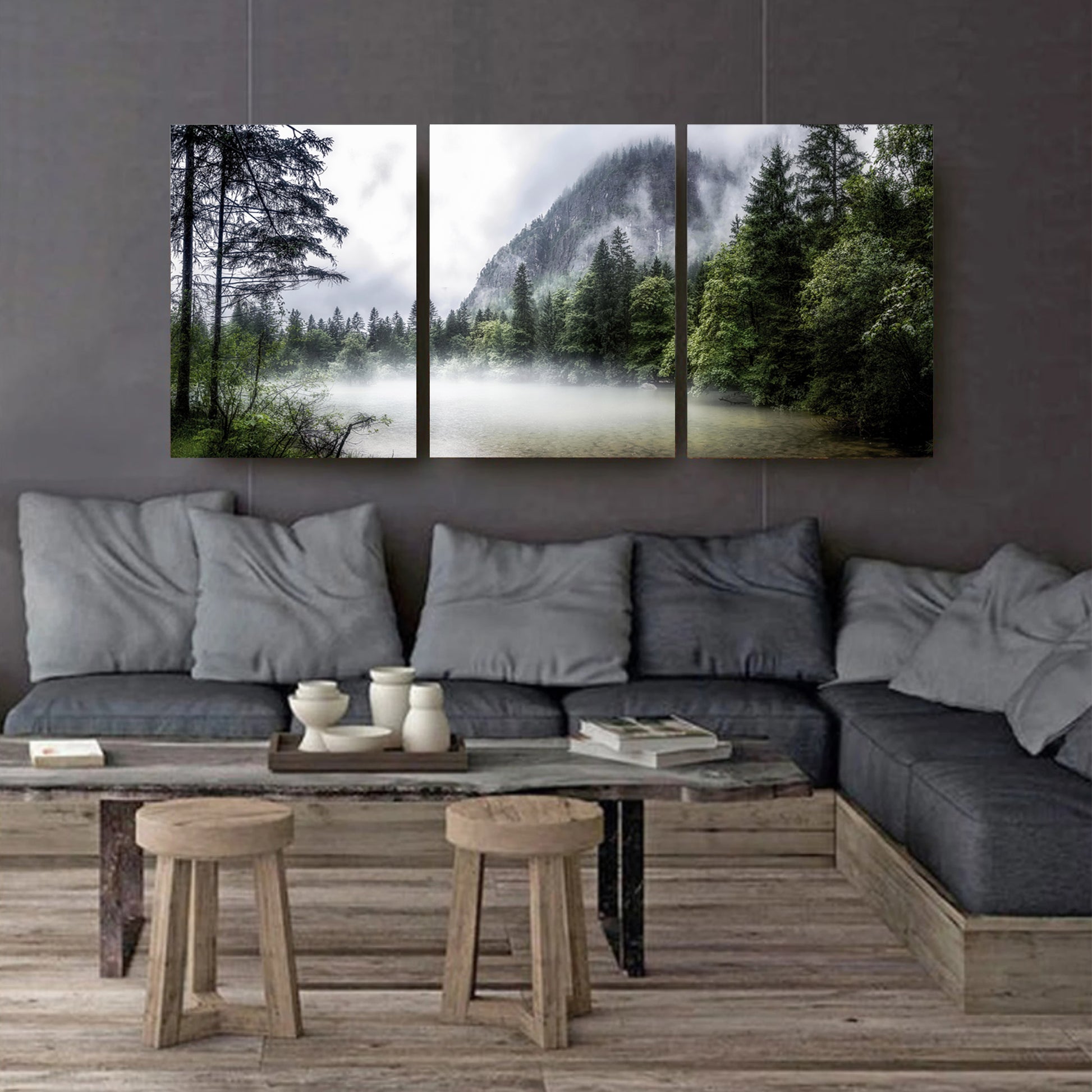 Canvas set with foggy landscape on the dark wall.