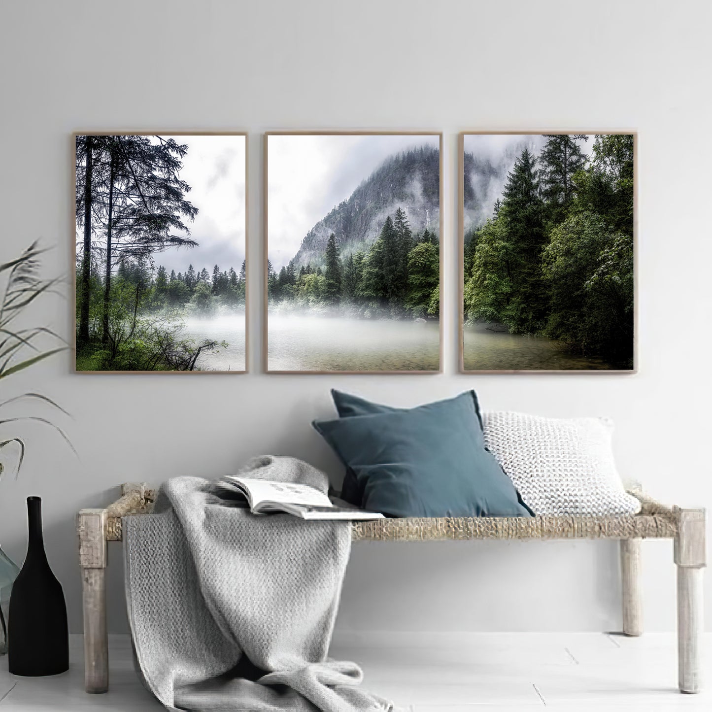 Misty forest set in wood color frames.