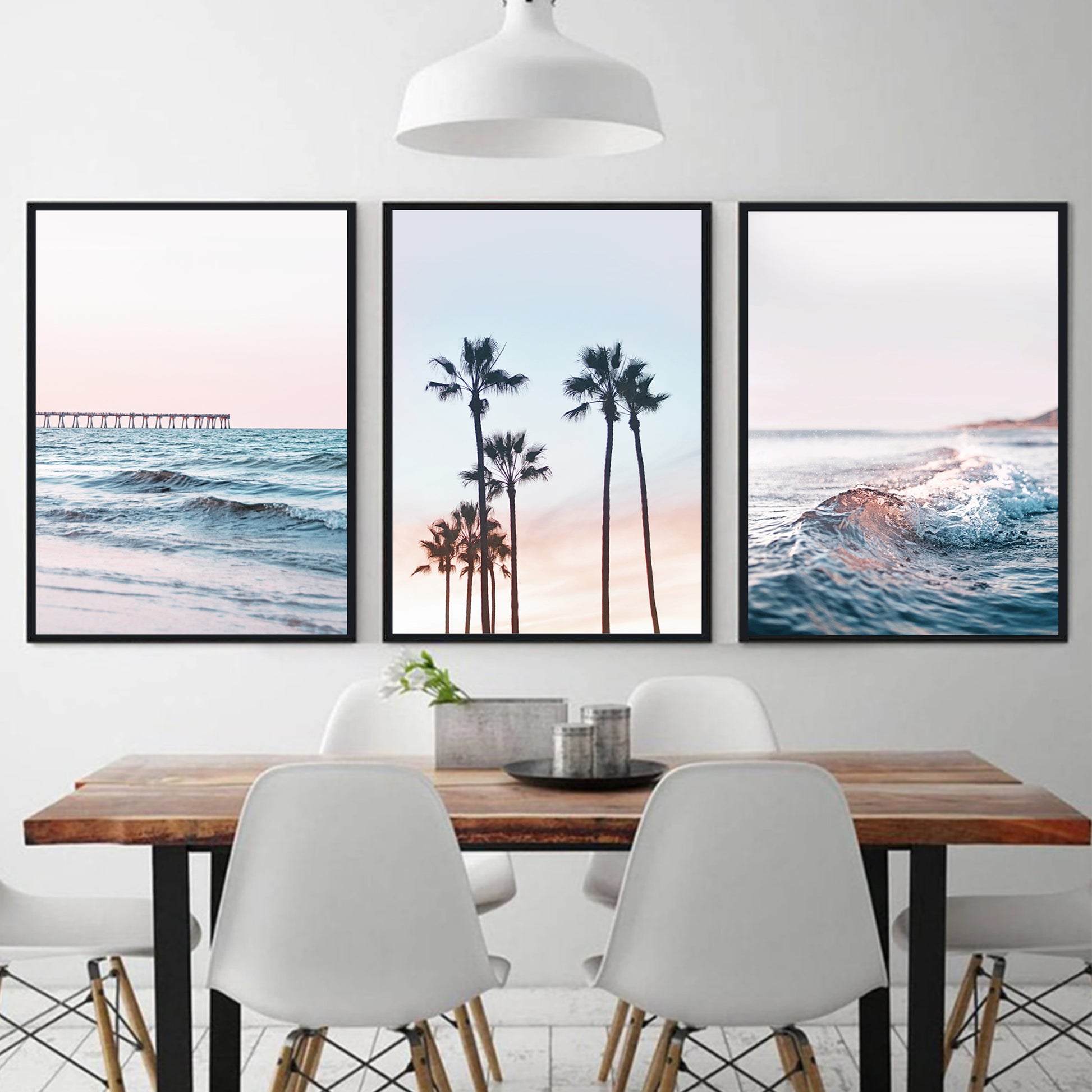 Set of 3 photo - beach, pier and palm trees.