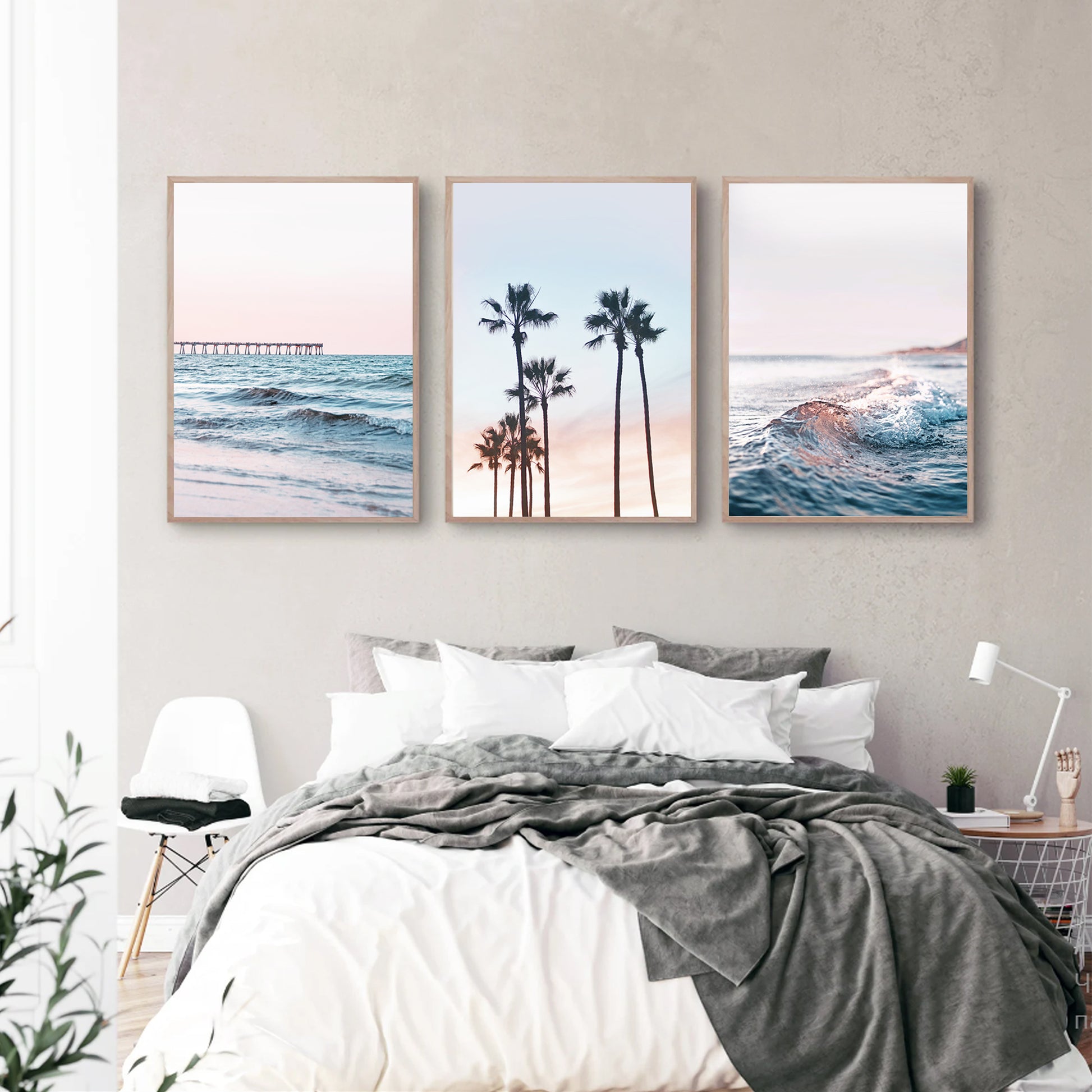 Ocean triptych in bedroom.