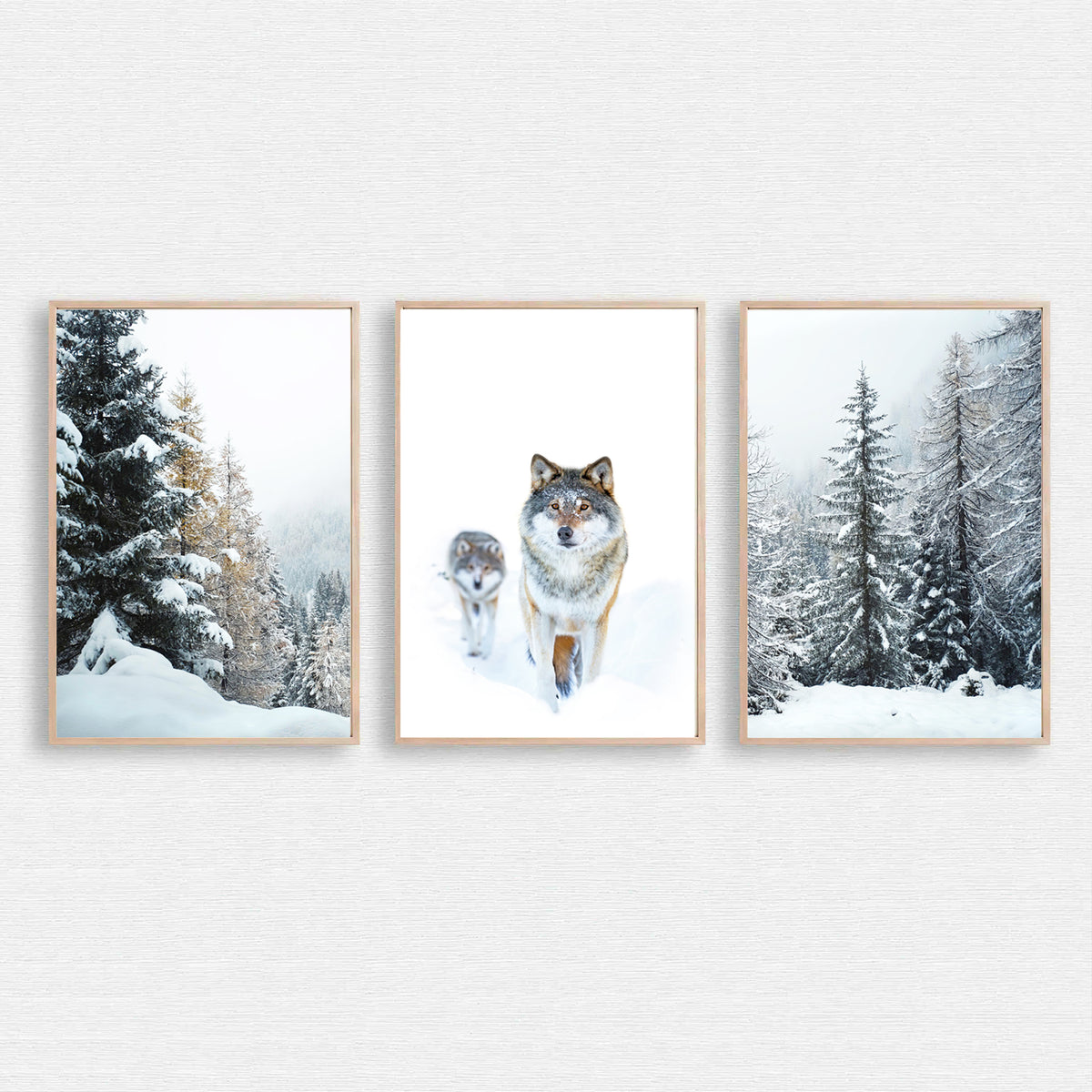 Wolves in winer forest wall art.