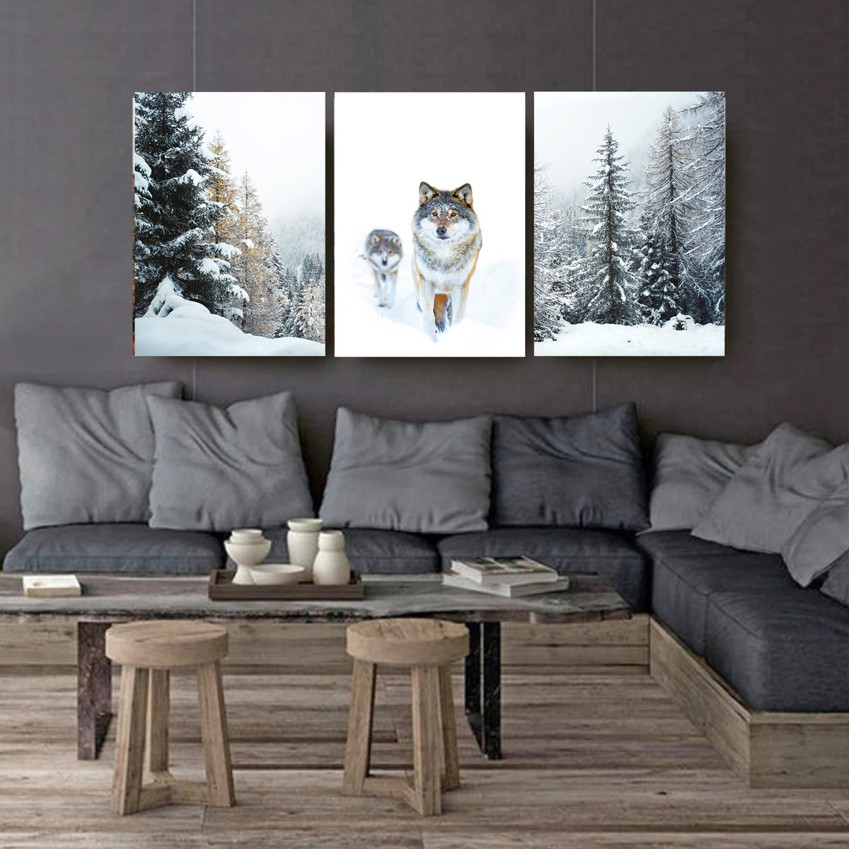 Canvas wall art with wolves.