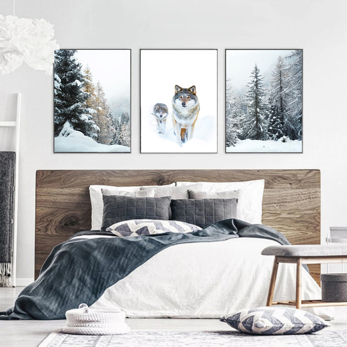 Bedroom wall art with Christmas forest.
