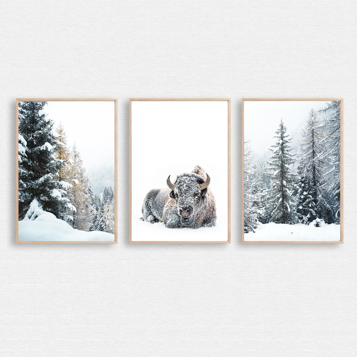 Bison in Snowy Forest Wall Art Set | Winter Nature Canvas Triptych Art