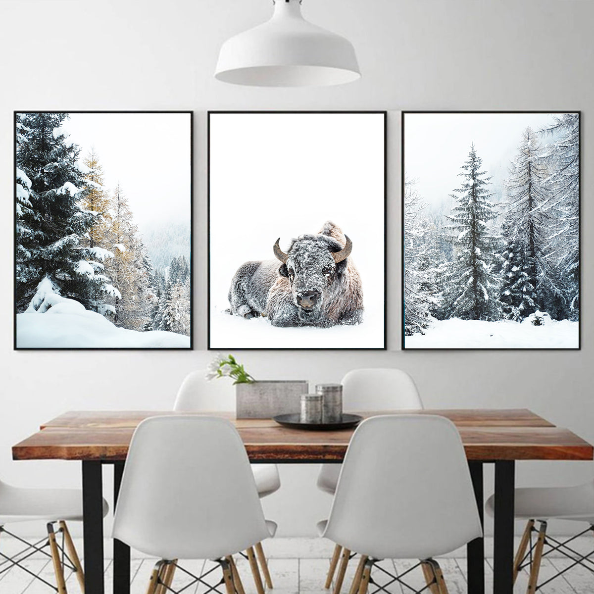 Bison in Snowy Forest Wall Art Set | Winter Nature Canvas Triptych Art