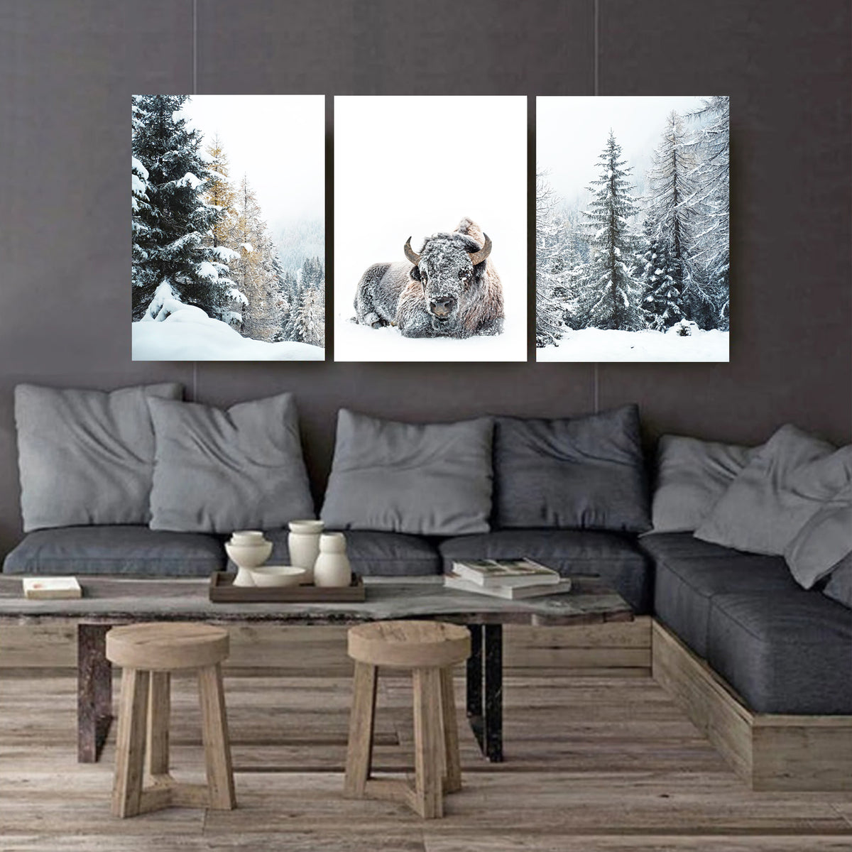 Bison in Snowy Forest Wall Art Set | Winter Nature Canvas Triptych Art