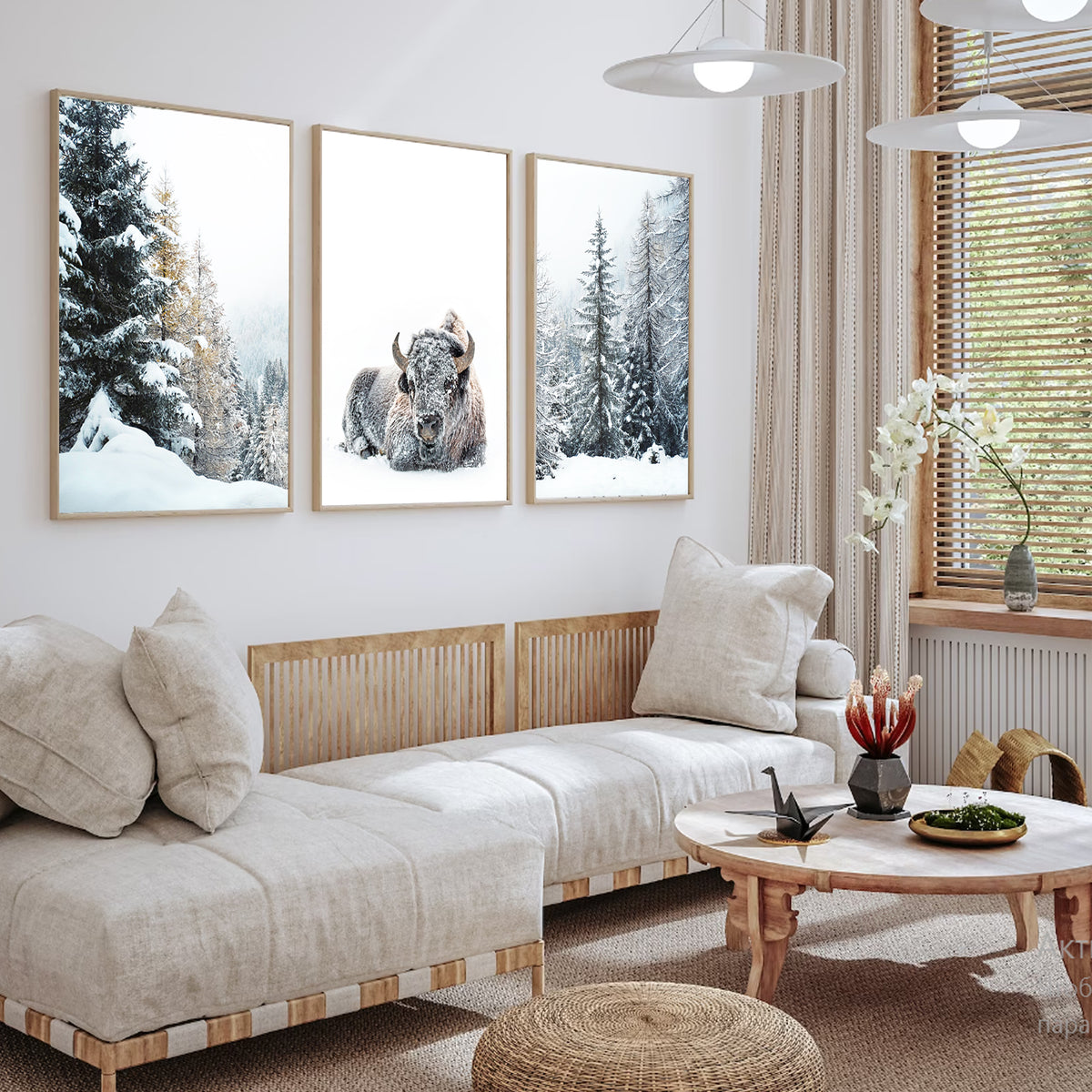Bison in Snowy Forest Wall Art Set | Winter Nature Canvas Triptych Art