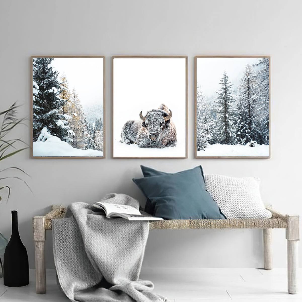 Bison in Snowy Forest Wall Art Set | Winter Nature Canvas Triptych Art