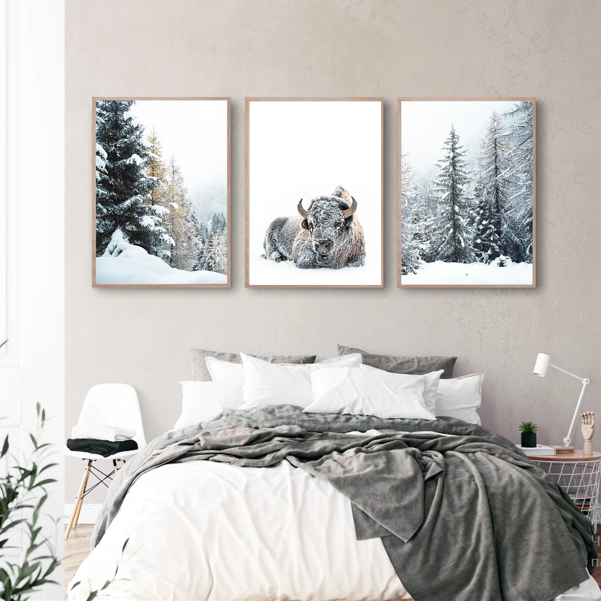 Bison in Snowy Forest Wall Art Set | Winter Nature Canvas Triptych Art