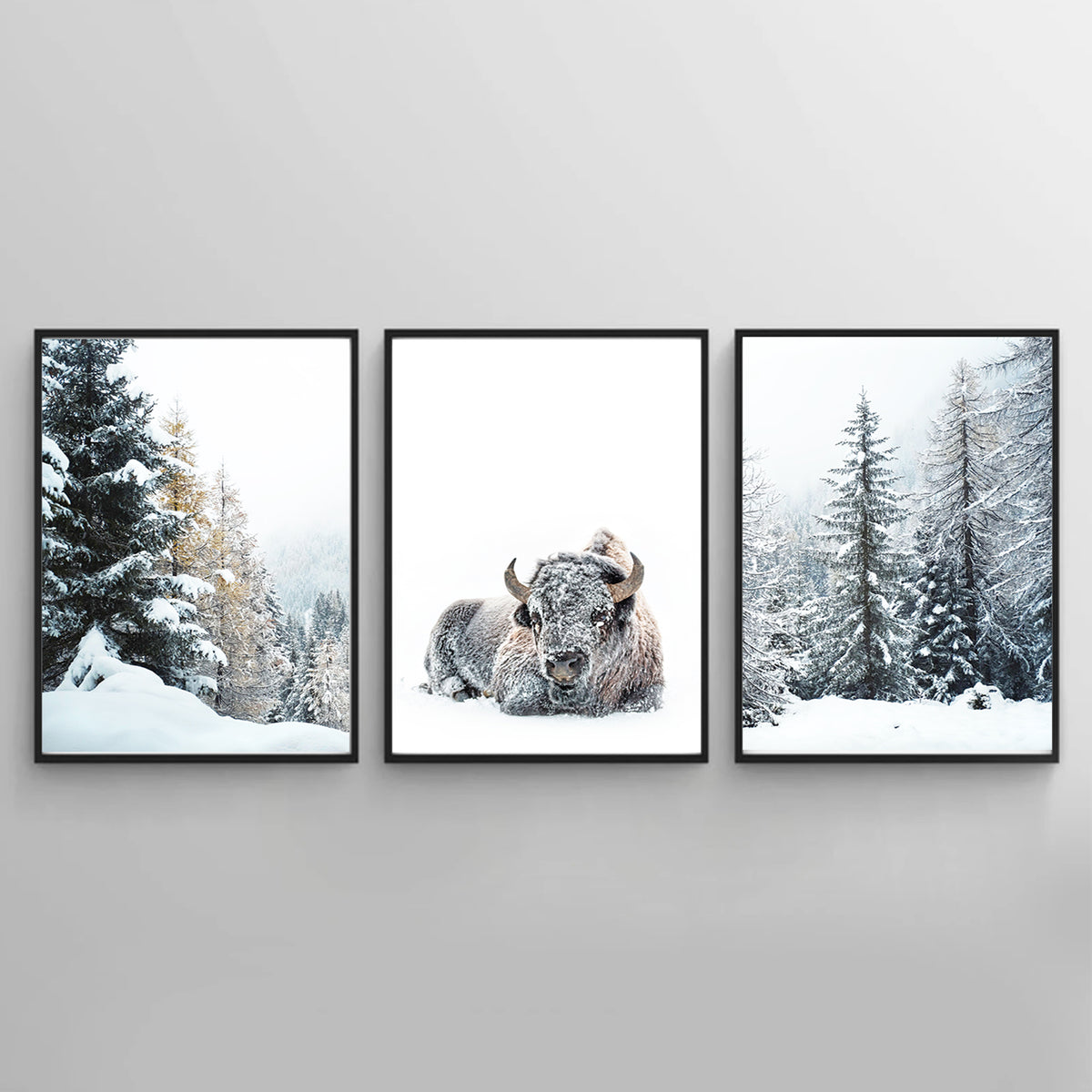Bison in Snowy Forest Wall Art Set | Winter Nature Canvas Triptych Art
