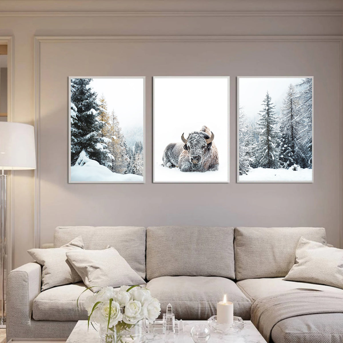 Bison in Snowy Forest Wall Art Set | Winter Nature Canvas Triptych Art