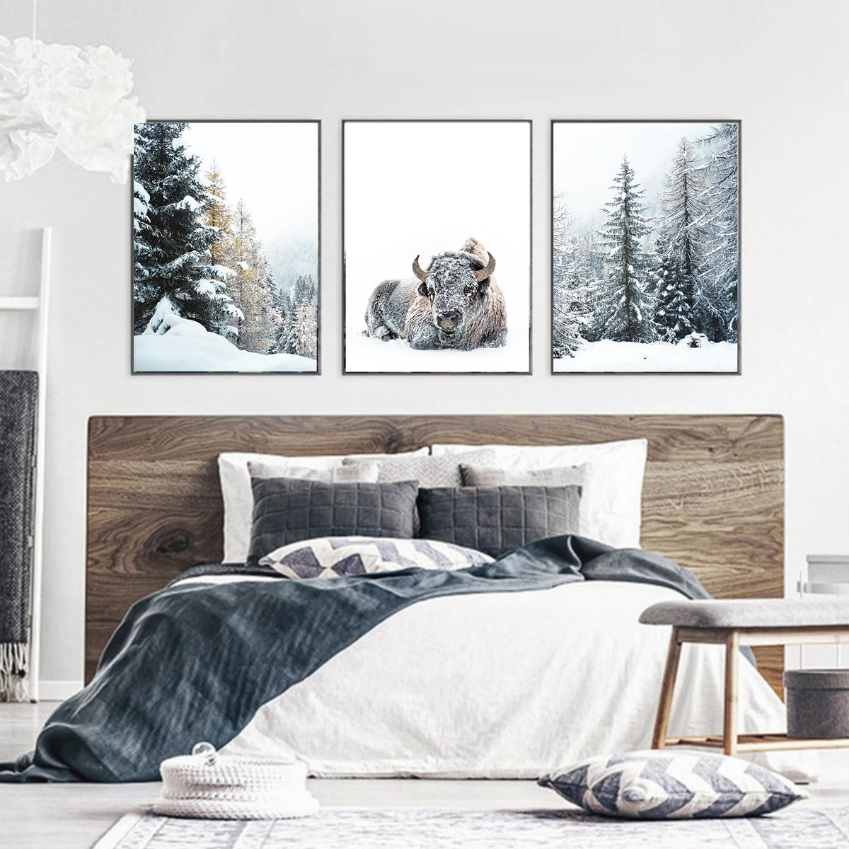 Bison in Snowy Forest Wall Art Set | Winter Nature Canvas Triptych Art