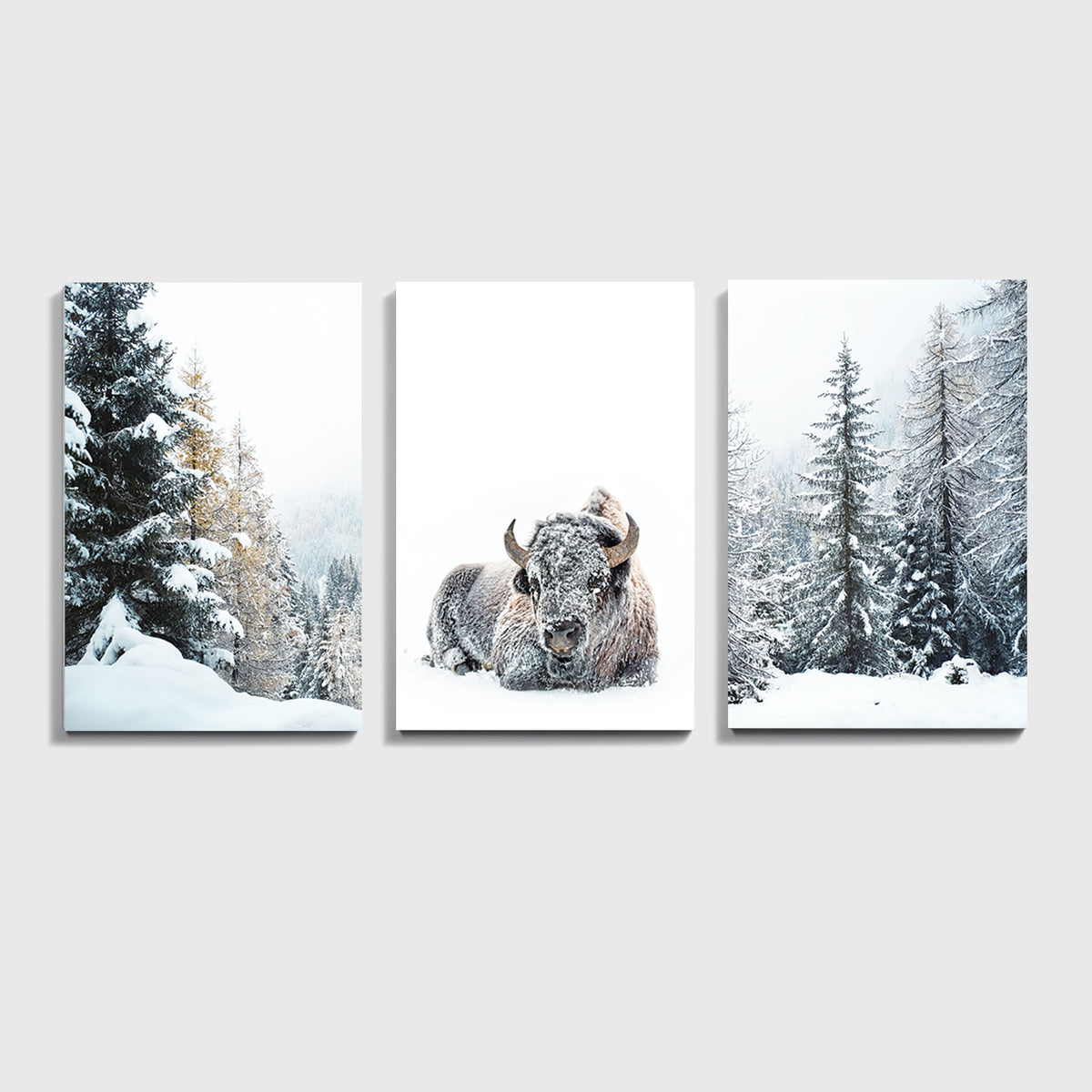 Bison in Snowy Forest Wall Art Set | Winter Nature Canvas Triptych Art