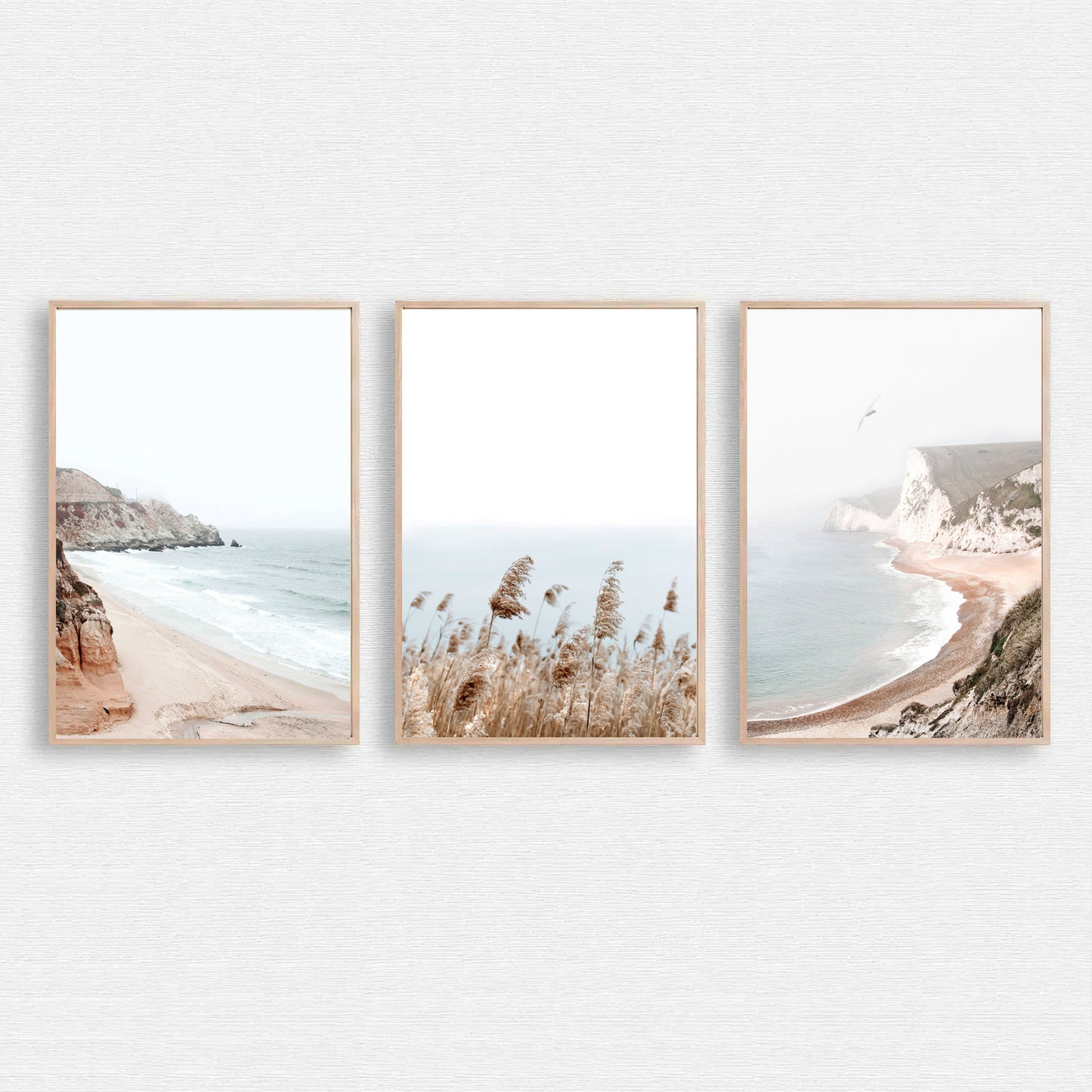 Neutral colors coastal triptych art.