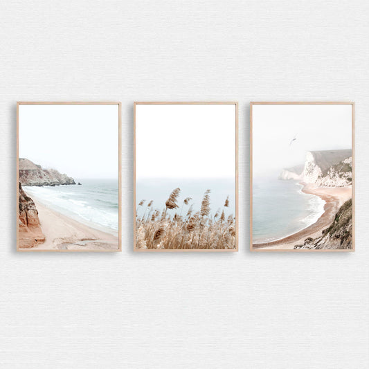 Neutral colors coastal triptych art.