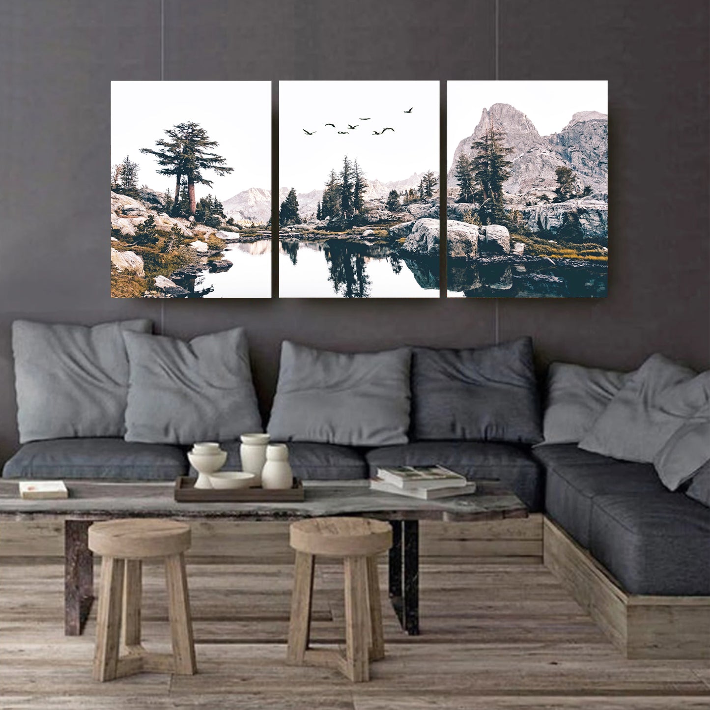 3 panel canvas with mountain lake an birds flying south.