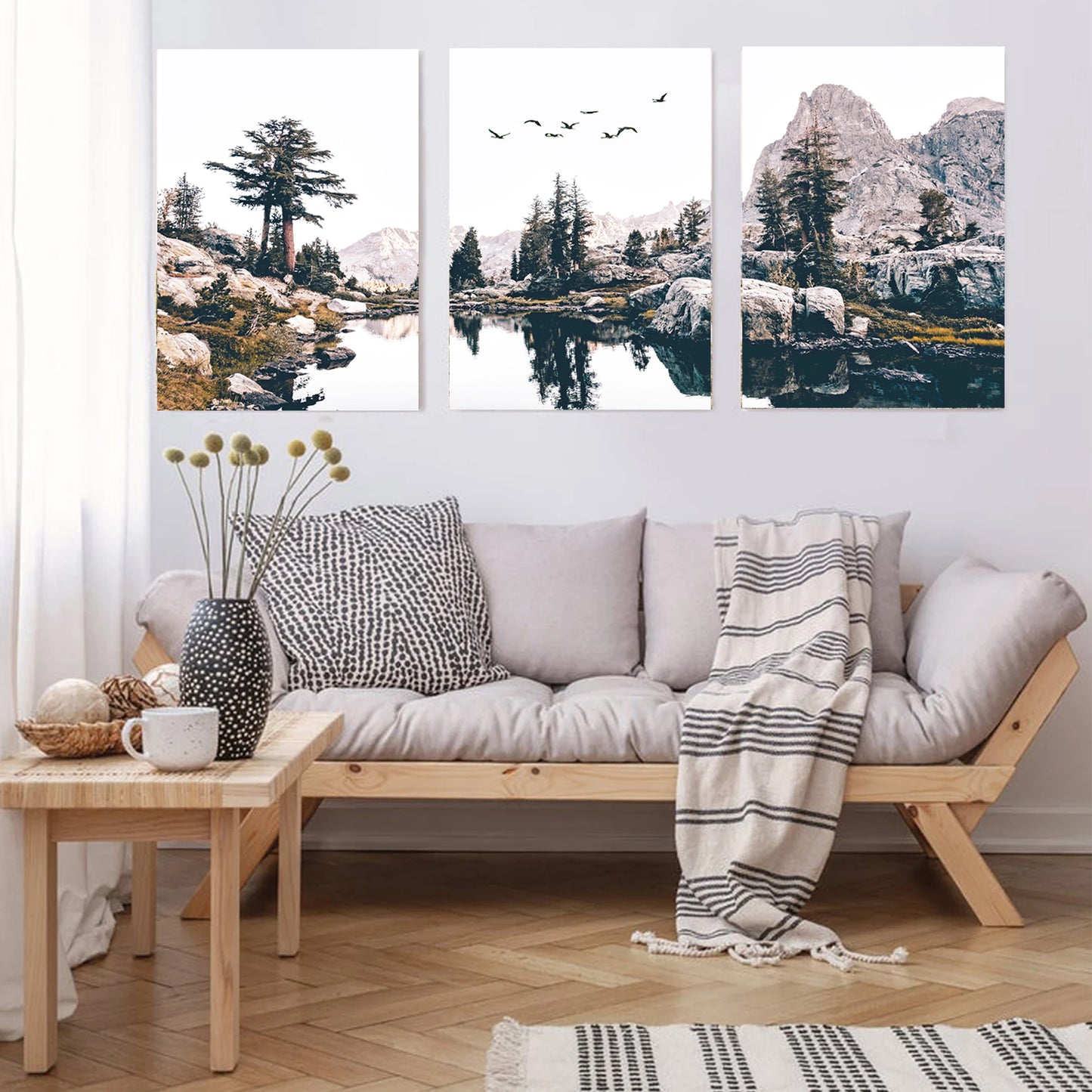 Stretched canvas 3 piece wall art with mountain landscape.