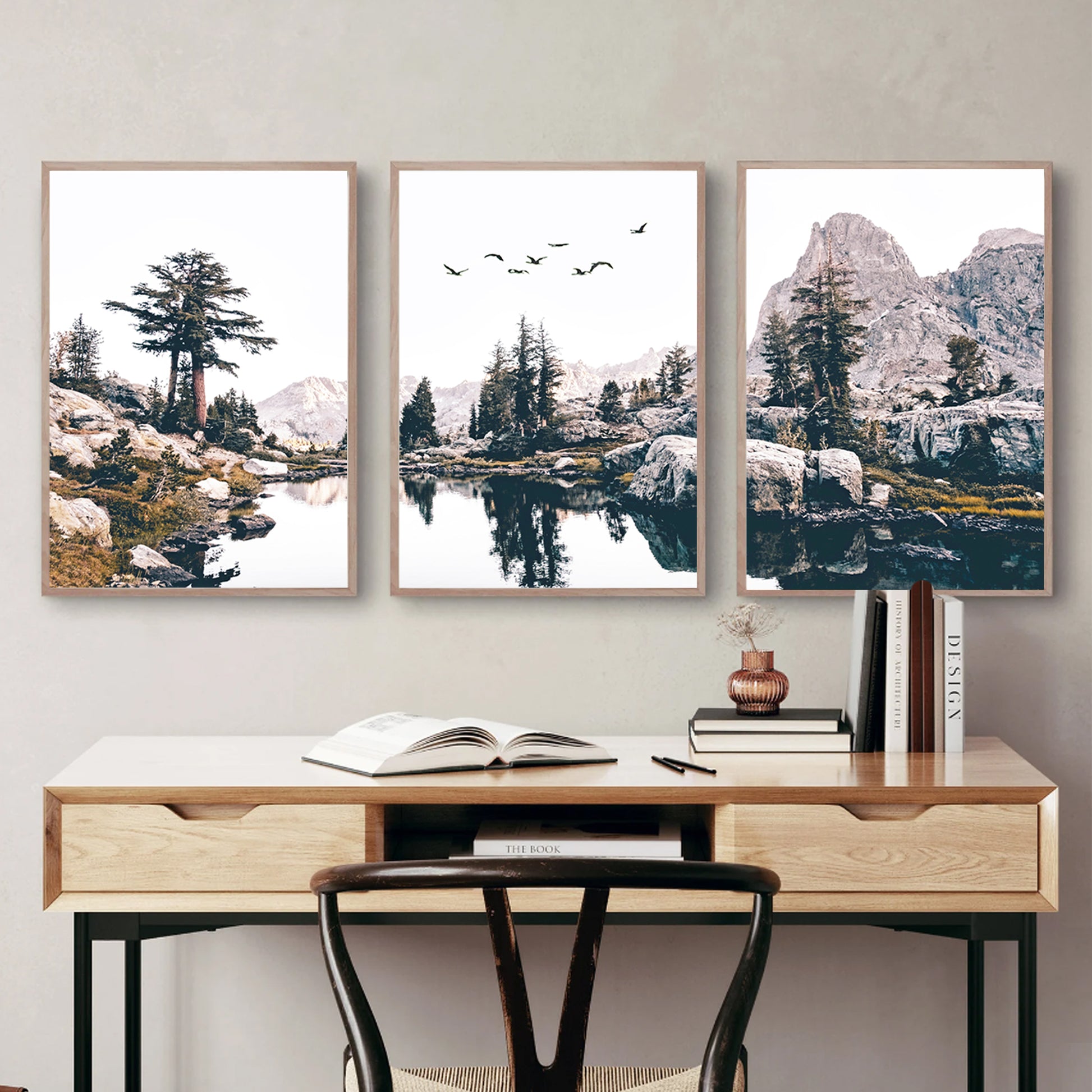 Autumn triptych with birds in wood color frames.