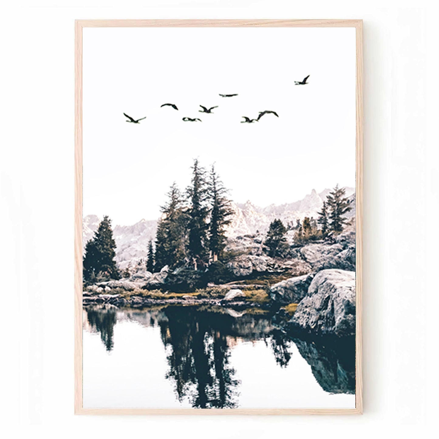 Triptyque de la nature d'automne avec lac et oiseaux | Décoration murale en 3 parties sur la montagne