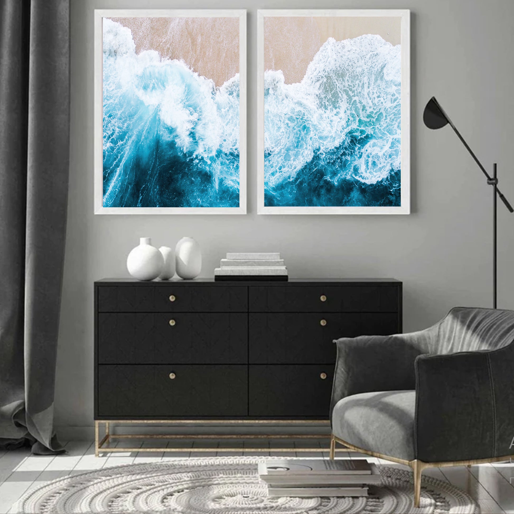 Ocean waves photo in black color frames.