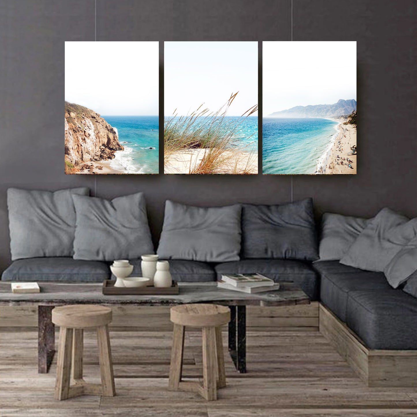 Sea 3 panel canvas art on dark wall.