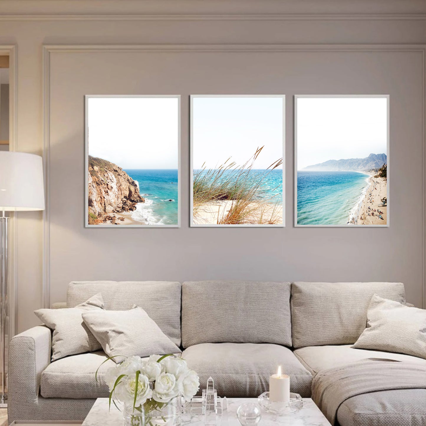 Beach print set in living room.