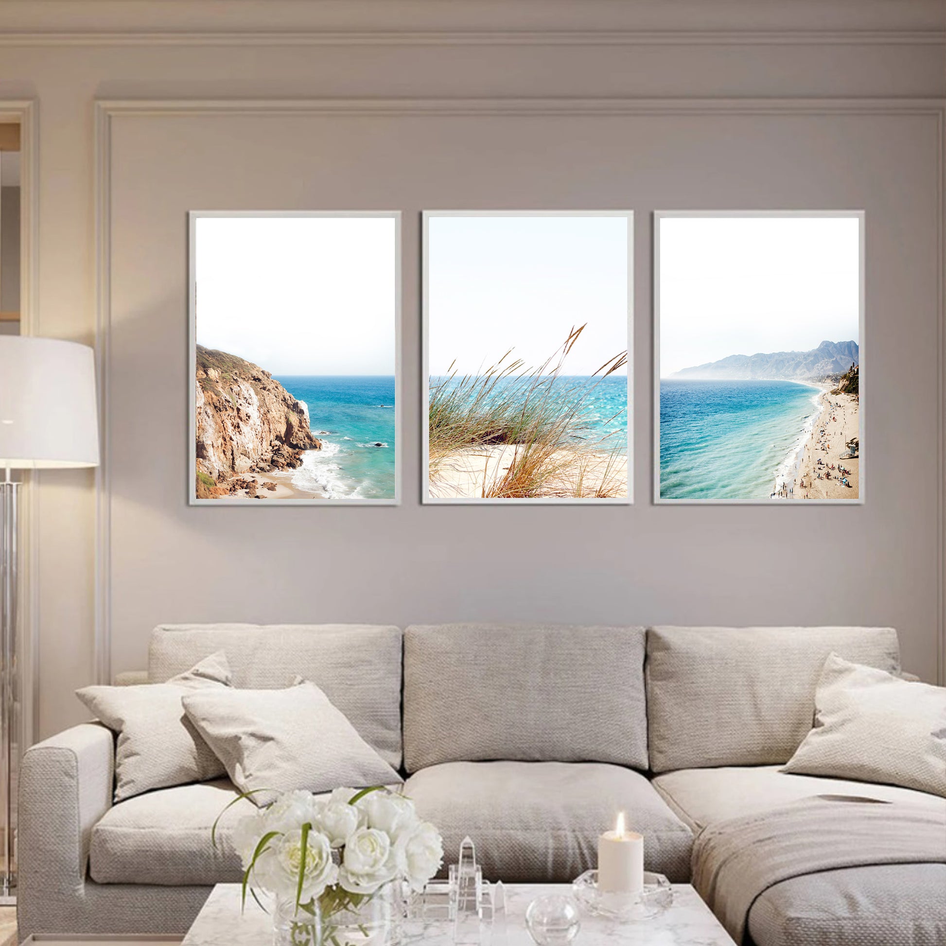 Beach print set in living room.