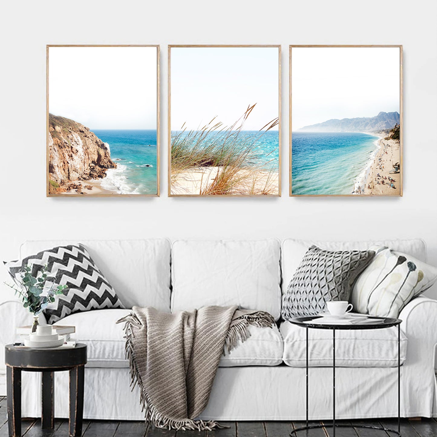 Blue green sea waves prints in living room.