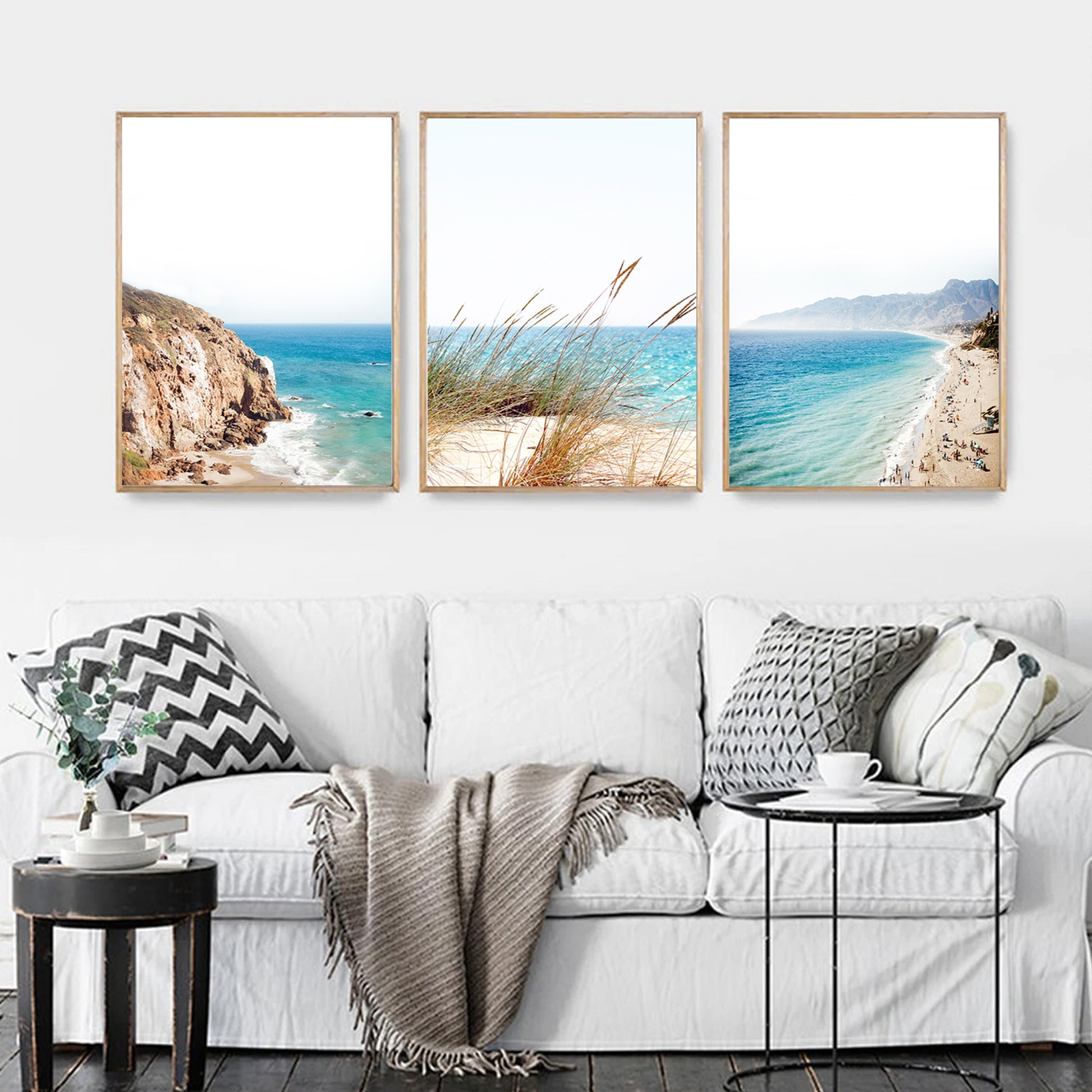 Blue green sea waves prints in living room.