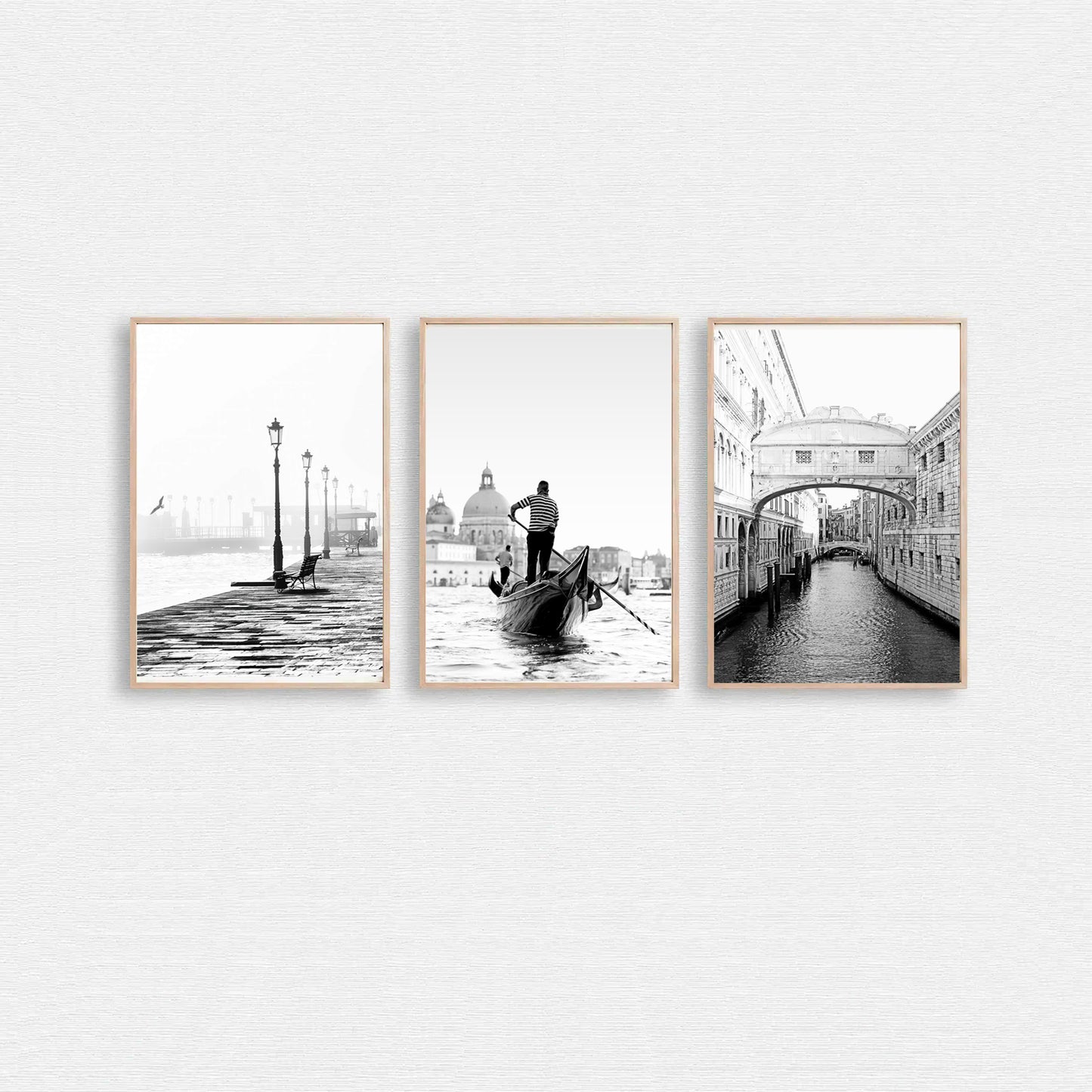 Venice black & white triptych wall art.