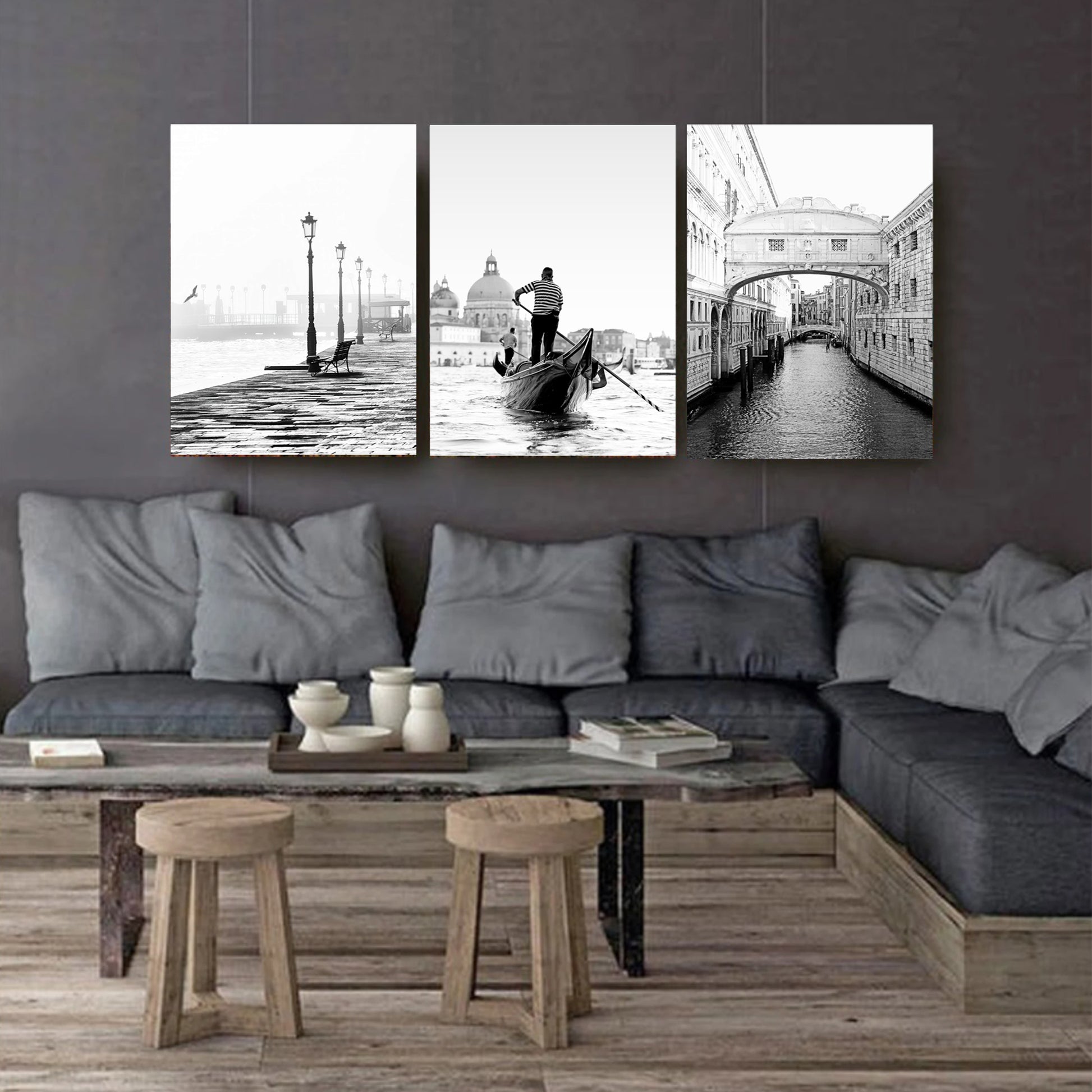 Venice black white canvas set on dark wall.