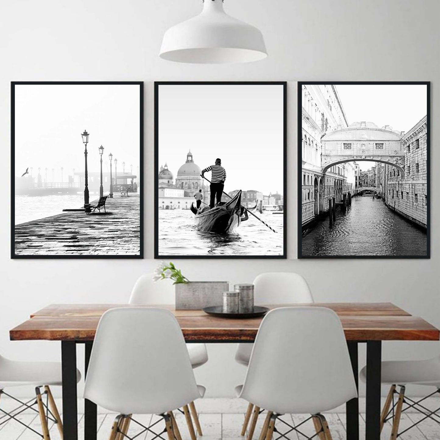 Venice black white triptych in black color frames.