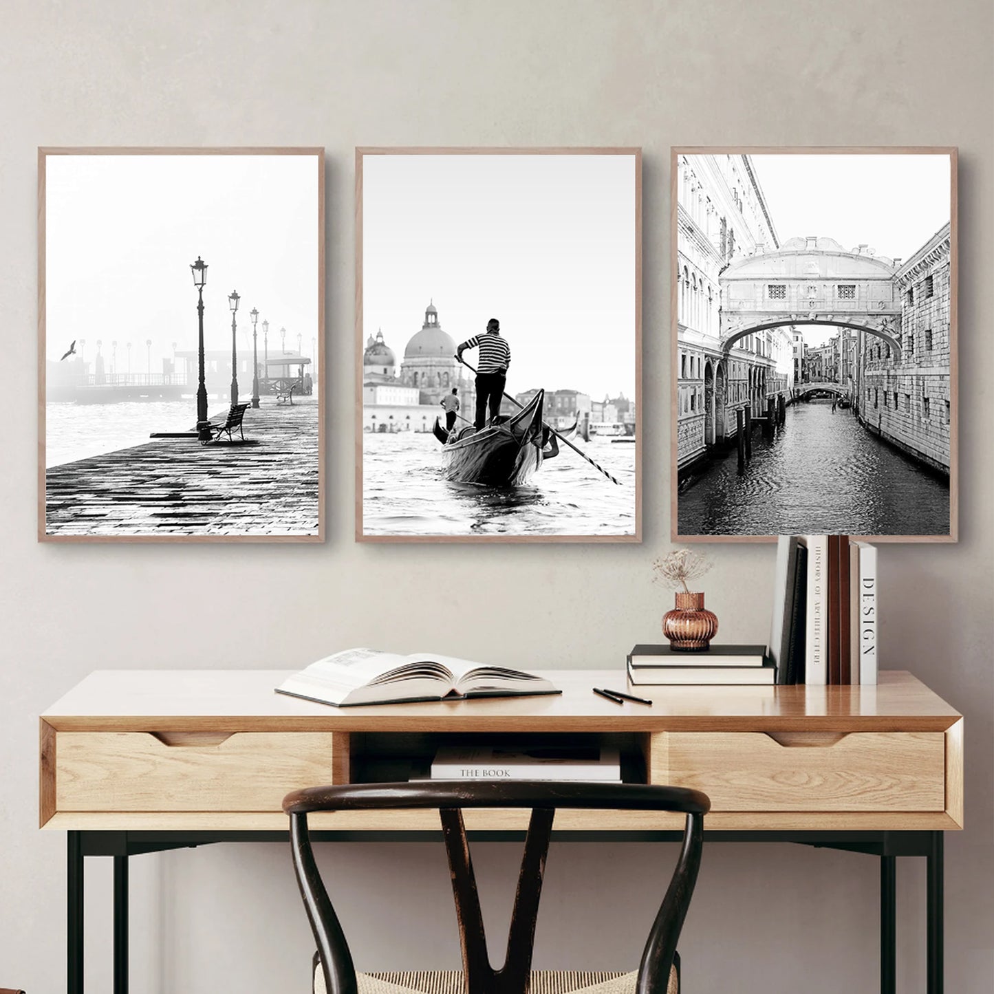 Venice triptych wall art in black white.