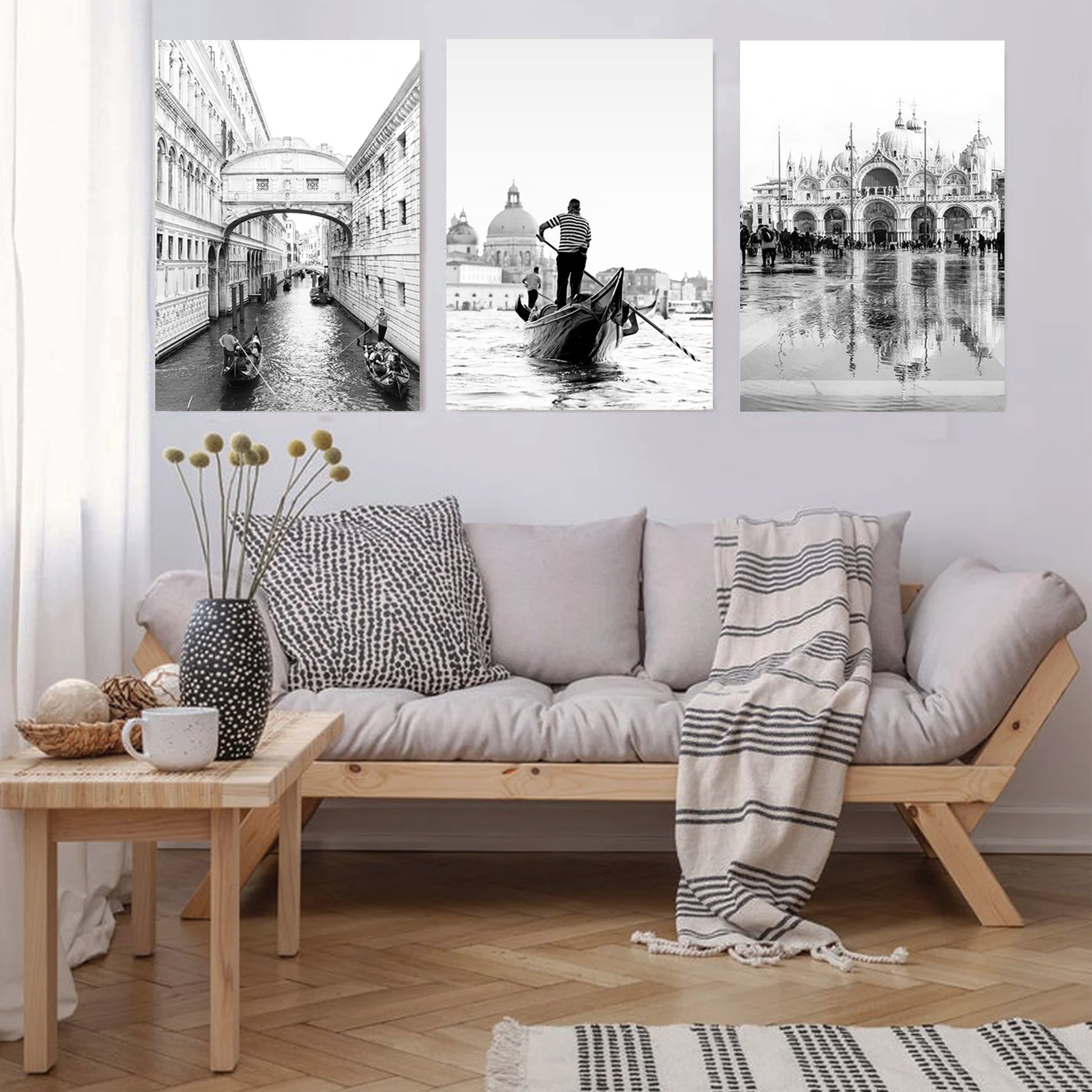Canvas prints with views of Venice.