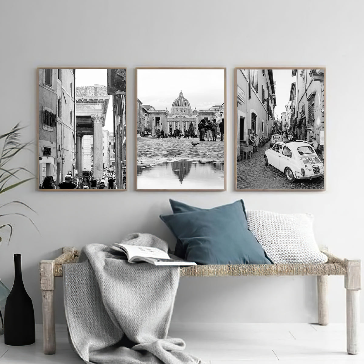 Triptych of black and white photos of Rome, Italy.