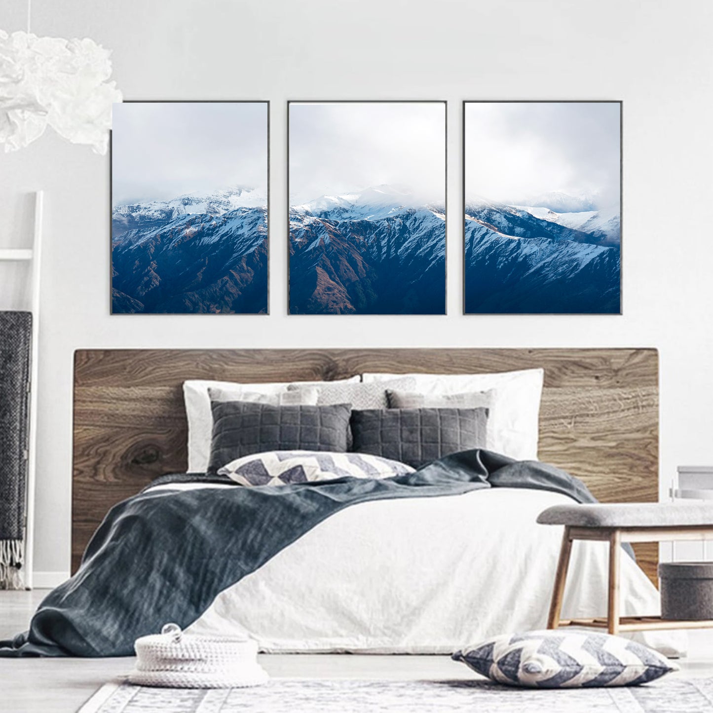 Mountains landscape triptych in bedroom.