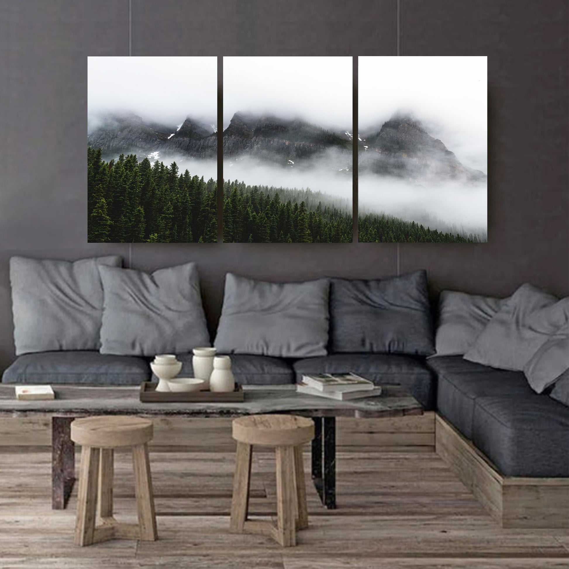 Foggy mountain canvas triptych.