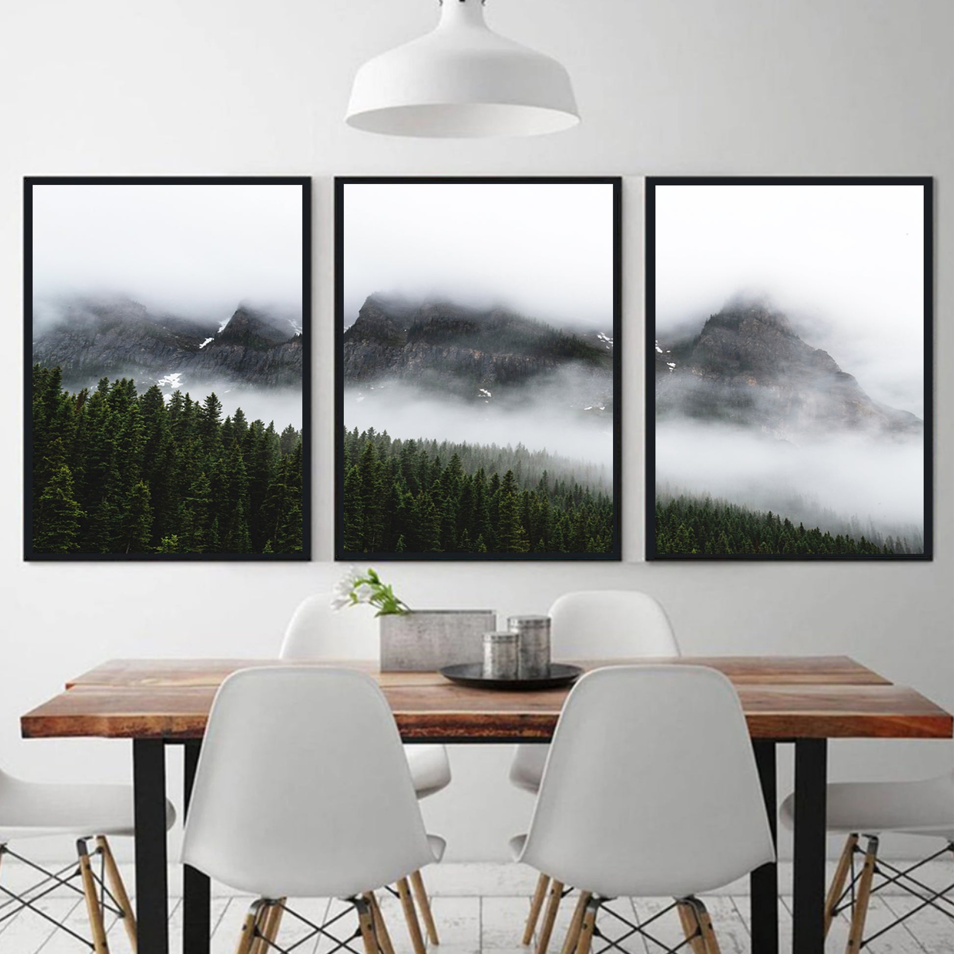 Foggy mountain wall art in black color frames.