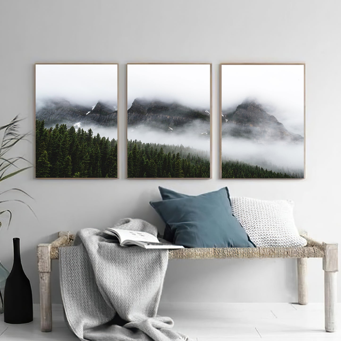 Foggy mountain wall art in Scandinavian style interior.