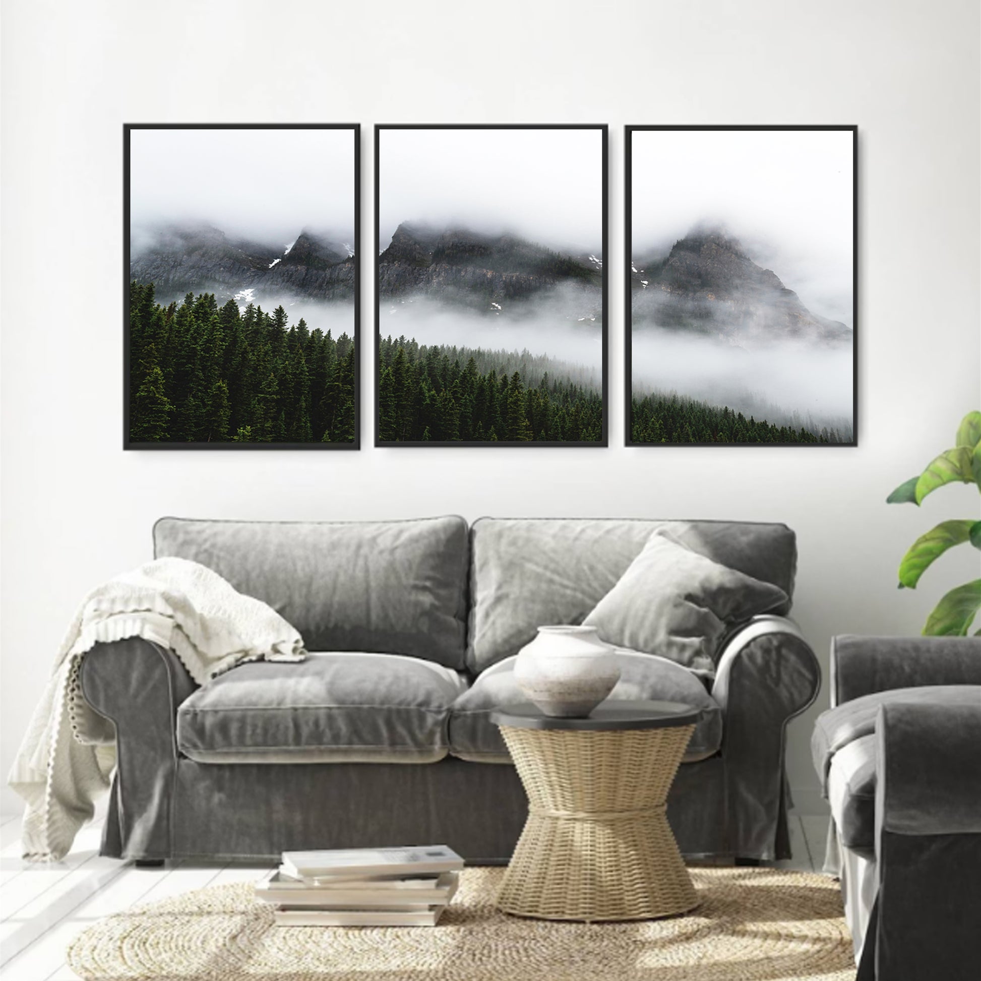 Foggy mountain wall art above the sofa.