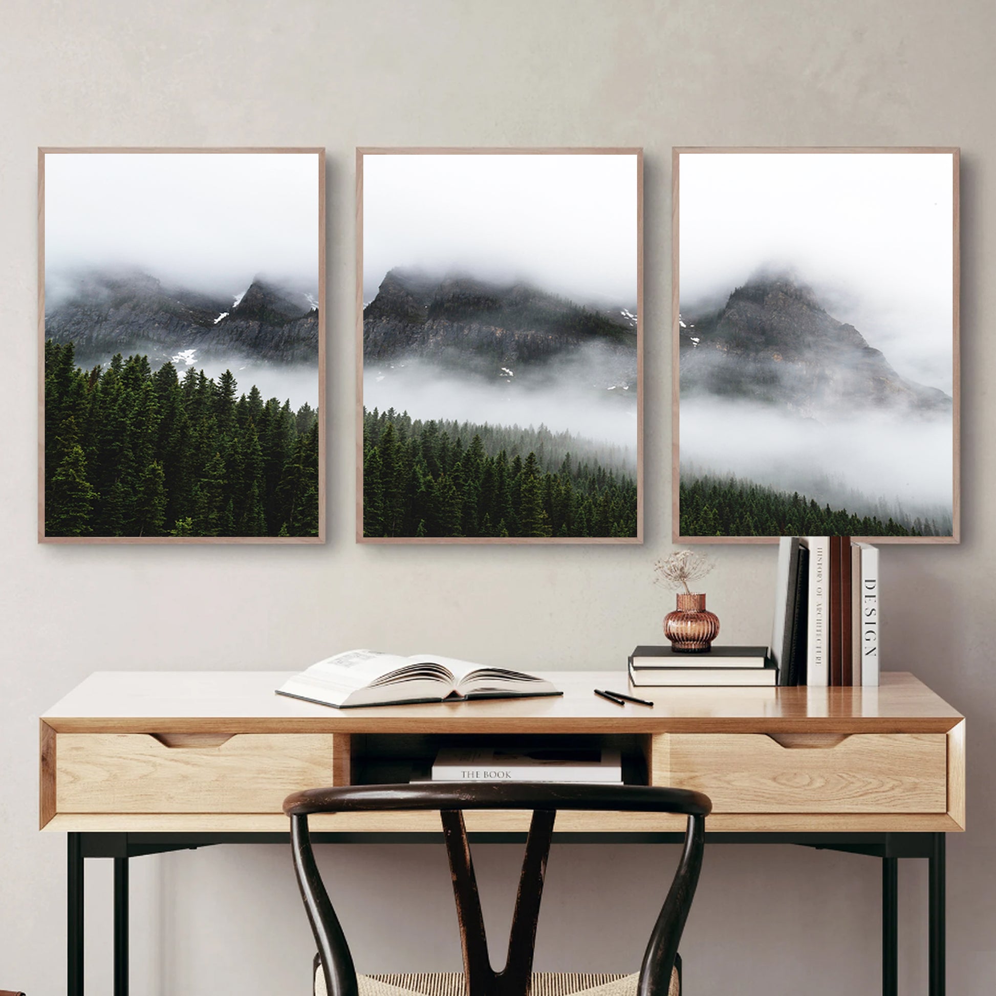 Foggy mountain wall art in wood color frames.