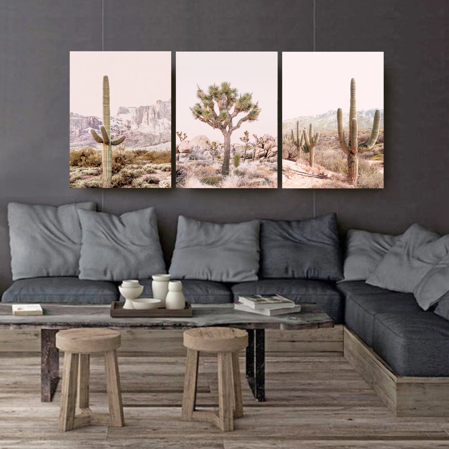 Canvas 3 panel with cacti, desert  and mountain valley.