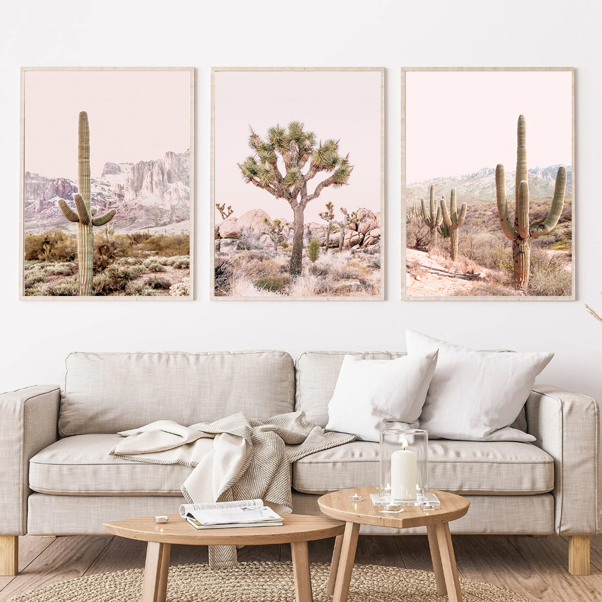 Large cactus triptych above the sofa.