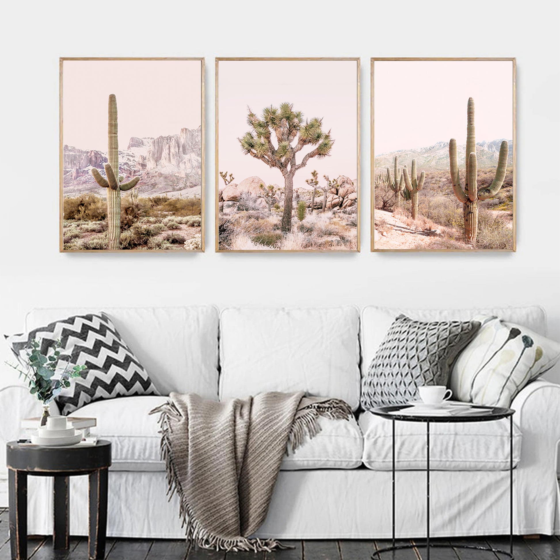 Boho wall art in wood color frames.