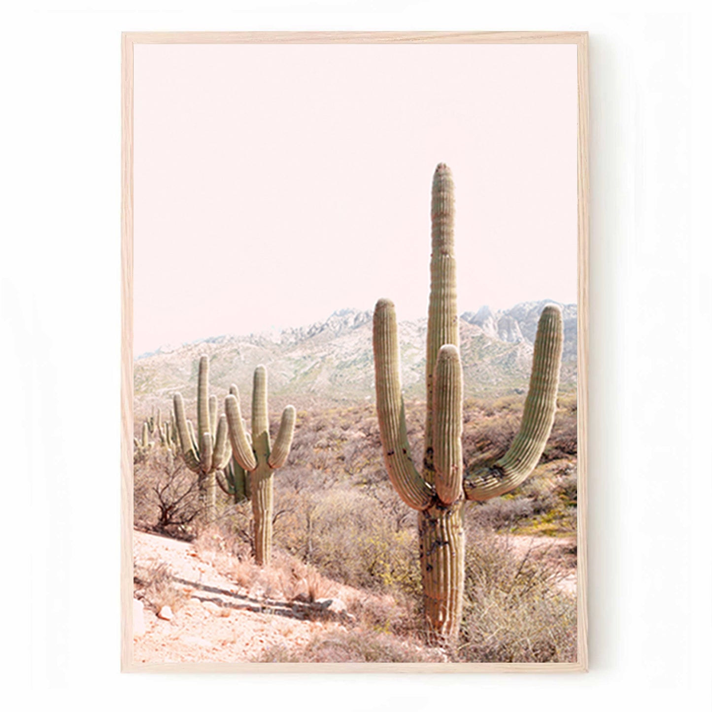 Print with cacti in mountain valley.