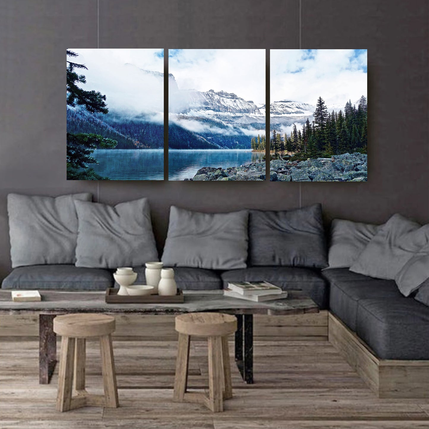 Mountain landscape stretched canvas on dark wall.