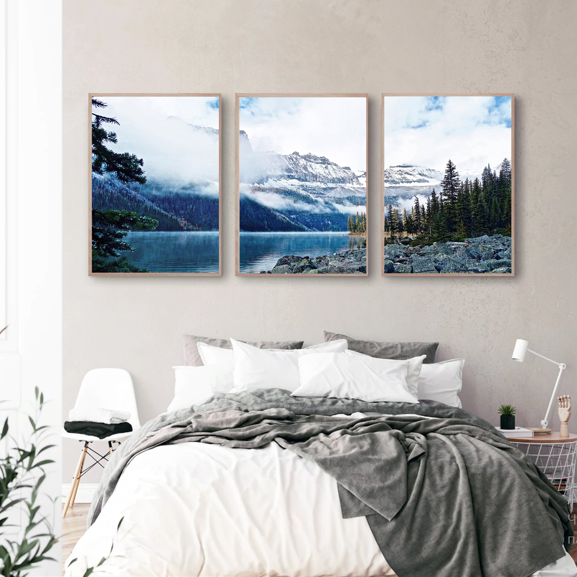 Mountain landscape triptych in bedroom.