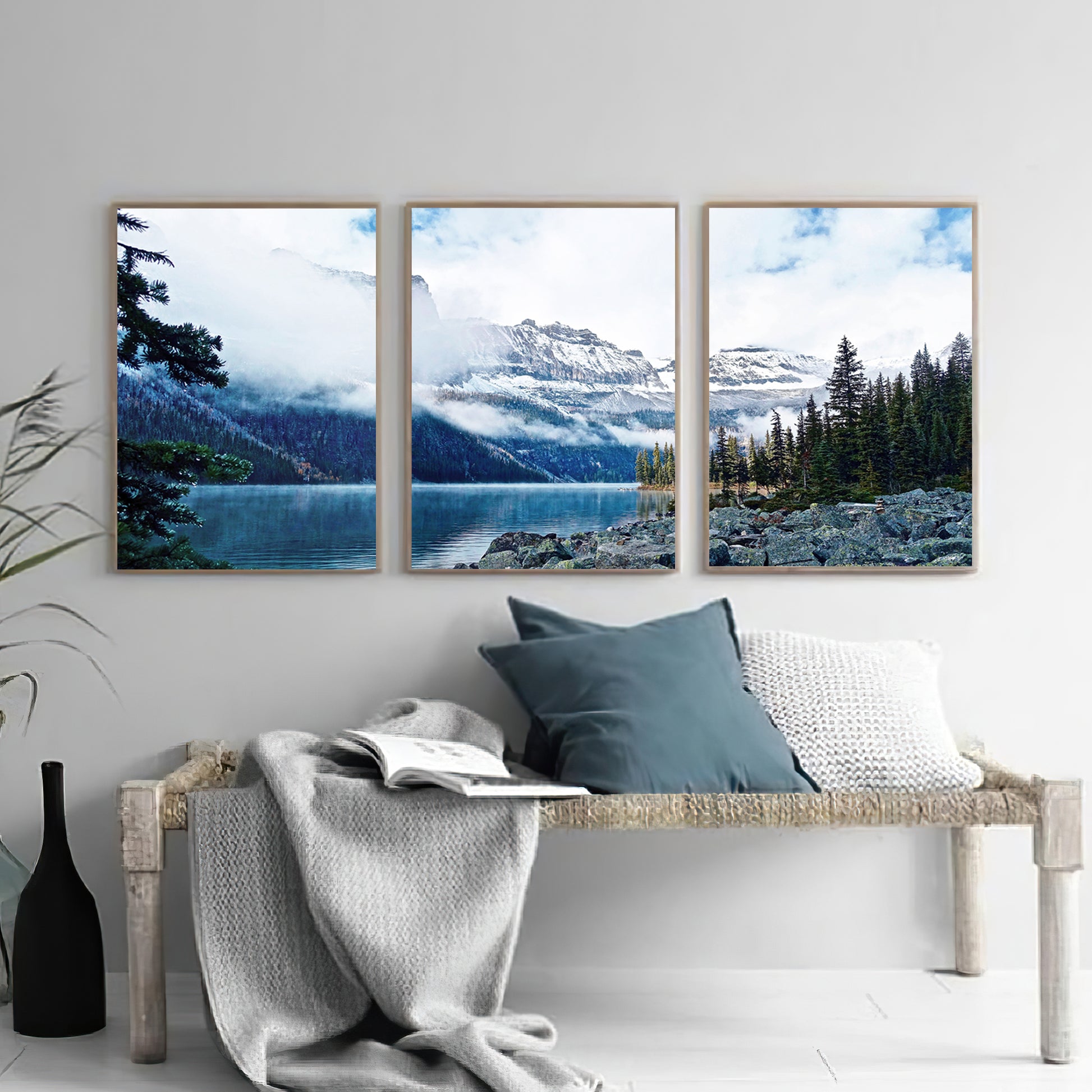 Mountain landscape triptych in Scandinavian style interior.